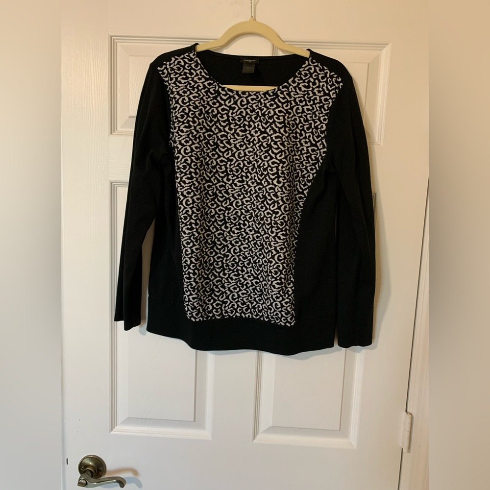 Ann‎ Taylor Black & White Animal Print Monochrome Patterned Blouse Size L Chic